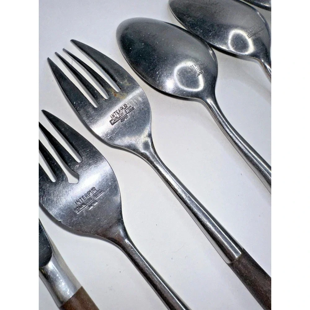 Interpur Canoe Wood handle Etched MCM Stainless Flatware 8 PC Fork Spoon Knife‎